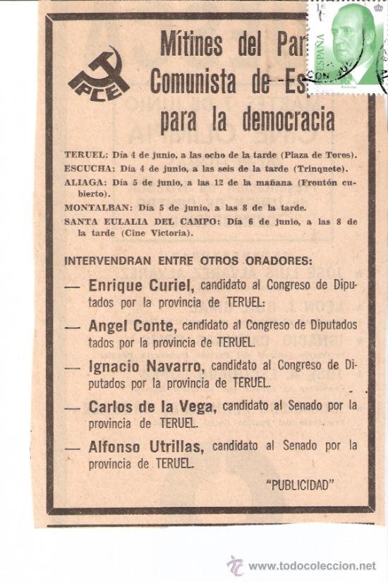 Alte Dokumente: Partido Comunista de Espa&ntilde;a.PCE.M&Iacute;tines TERUEL.Elecciones 1977. Recorte Prensa. Publicidad.