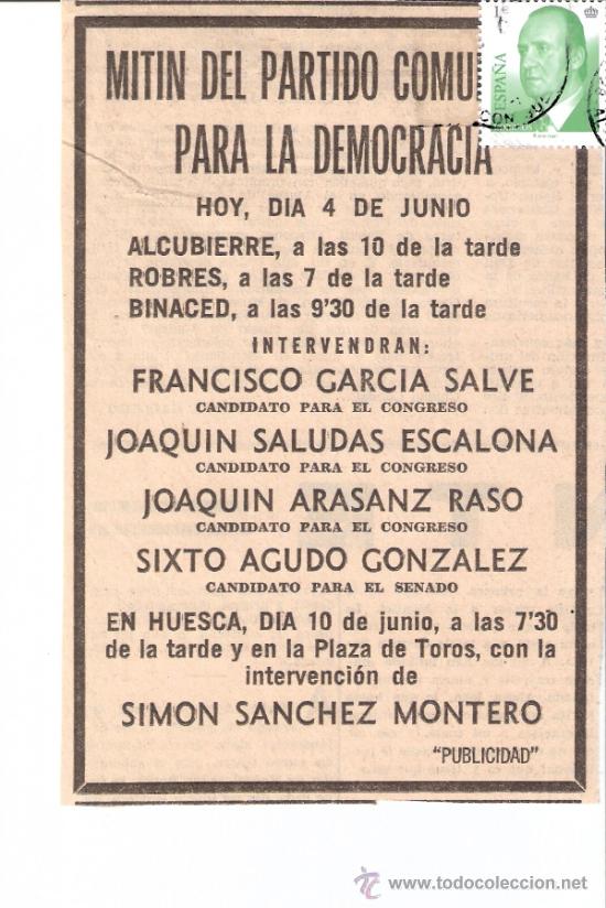Documentos antiguos: Partido Comunista de Espa&ntilde;a.PCE.M&Iacute;tines ALCUBIERRE.ROBRES.Elecciones 1977.Recorte Prensa. Publicidad