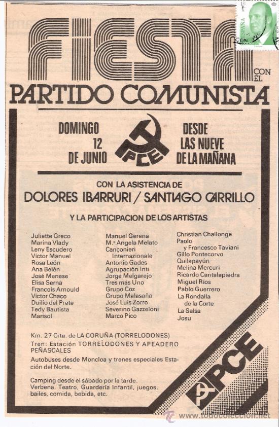 Documentos antiguos: Fiesta del PCETorrelodones.Carrillo.Partido Comunista de Espa&ntilde;a.Elecciones 1977.Recorte Prensa.Publi