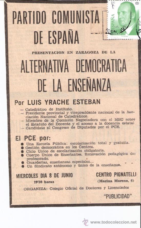 Alte Dokumente: Partido Comunista de Espa&ntilde;a.PCE.ALTERNATIVA ENSE&Ntilde;ANZA.Elecciones 1977.Recorte Prensa. Publicidad.
