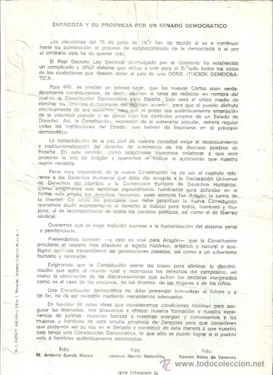 Documentos antigos: Candidatura Aragonesa de Unidad Democr&aacute;tica para el Senado.Zaragoza. Folio.Elecciones1977.