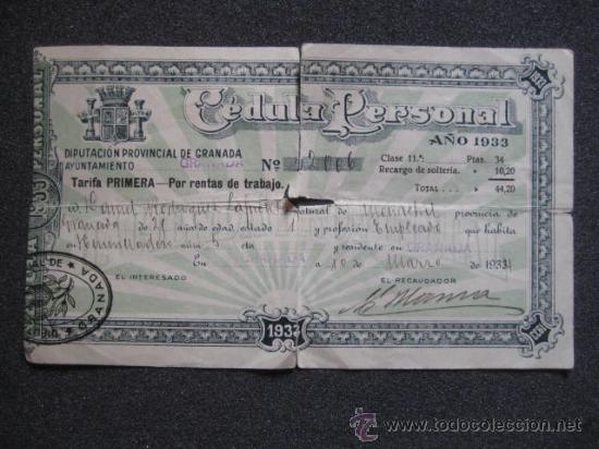 Documentos antiguos: CEDULA PERSONAL. REPUBLICA ESPA&Ntilde;OLA. GRANADA 1933.. ENVIO GRATIS&iexcl;&iexcl;&iexcl; - Foto 1