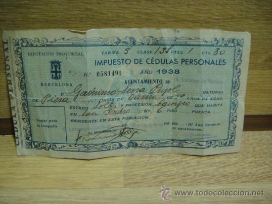 Documentos antiguos: cedula personal - ayuntamiento de san lorenzo de hortons - a&ntilde;o 1938