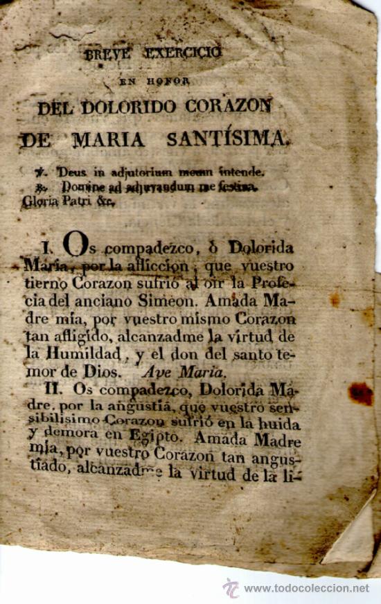 Documentos antiguos: documento breve ejercicio en honor corazon dolorido maria santisima - virgen dolores -