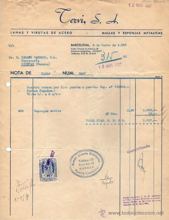 Documentos antiguos: NOTA DE CARGO DE CERVI, S. A. BARCELONA. 1957 - Foto 1