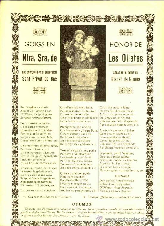 Documentos antiguos: Goigs en honor de la Mare de D&eacute;u de LES OLLETES, venerada a SANT PRIVAT DE MAS