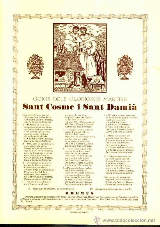 Documentos antiguos: Goigs dels gloriosos SANT COSME I SANT DAMI&Agrave;