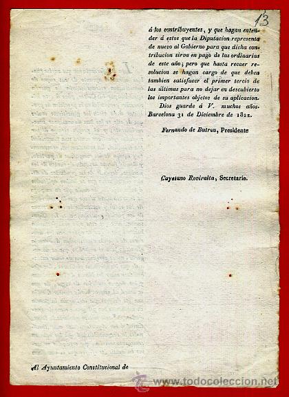 Documentos antiguos: DOCUMENTO DIPUTACION BARCELONA , CIRCULAR , 1822 , ORIGINAL , C13 - Foto 2