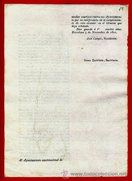 Documentos antiguos: DOCUMENTO DIPUTACION BARCELONA , CIRCULAR , 1822 , ORIGINAL , C14 - Foto 2