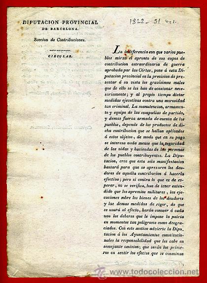 Documentos antiguos: DOCUMENTO DIPUTACION BARCELONA , CIRCULAR , 1822 , ORIGINAL , C13 - Foto 1