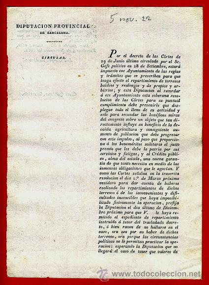 Documentos antiguos: DOCUMENTO DIPUTACION BARCELONA , CIRCULAR , 1822 , ORIGINAL , C14 - Foto 1