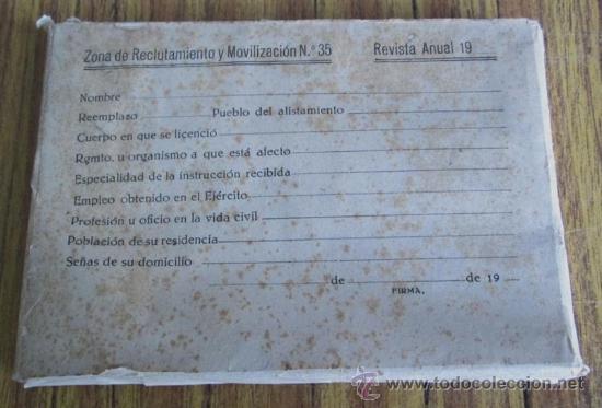 Documentos antiguos: Paquete &ndash; sobre .. Zona de reclutamiento y movilizaci&oacute;n n&ordm; 35 .. Revista anual 19 ......