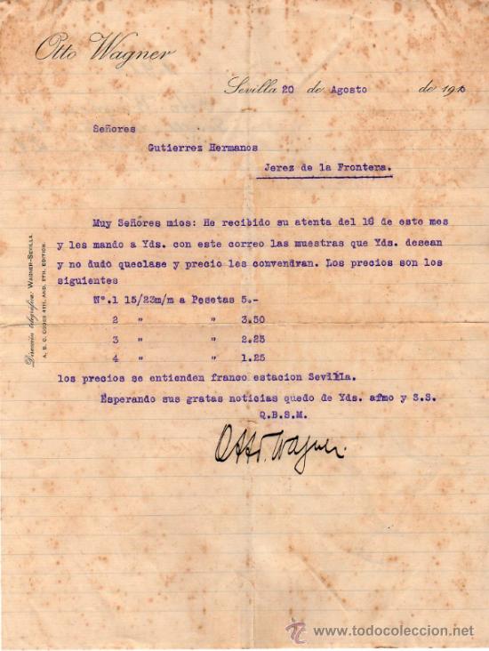Documentos antiguos: LISTA DE PRECIO DE OTTO WAGNER. SEVILLA. 1910. - Foto 1
