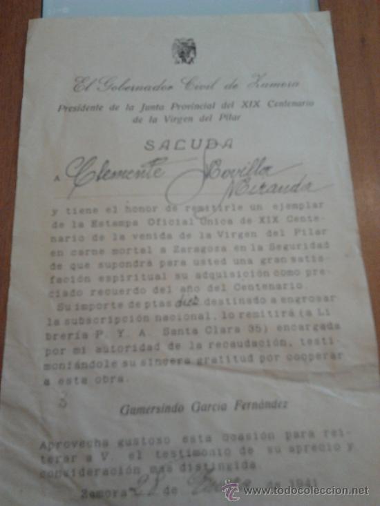 Documentos antiguos: El Gobernador Civil de Zamora en 1941 le vende la estampa oficial de la Virgen del Pilar