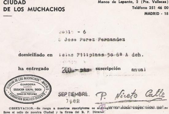 Documentos antiguos: CIUDAD DE LOS MUCHACHOS - RECIBO DE PAGO POR ABONO ANUAL - A&Ntilde;O 1982