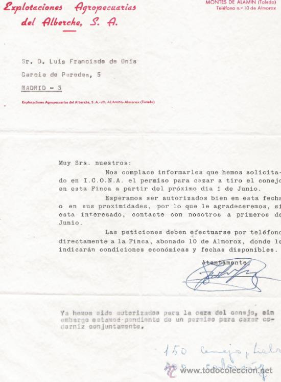 Documenti antichi: EXPLOTACIONES AGROPECUARIAS DEL ALBERCHE - CARTA INFORMATIVA SOBRE SOLICITUD A ICONA PARA CAZAR