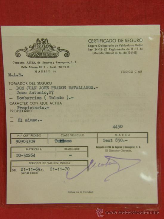 Documentos antiguos: certificado de seguro veh&iacute;culos a motor Astra Seat 850 1969-70