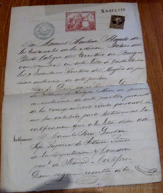 Documentos antiguos: CERTIFICADO NOTAR&Iacute;A CASTRO-URDIALES EXENCI&Oacute;N RESPONSABILIDAD ALISTAMIENTO SOLDADO A&Ntilde;O 1879 SIGLO XIX