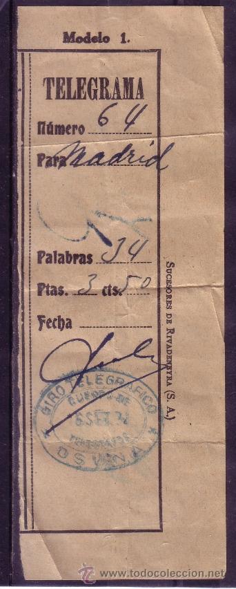 Documentos antiguos: RESGUARDO DE TELEGRAMA DE LOS A&Ntilde;OS 30 - 34 PALABRAS 3.50 PESETAS