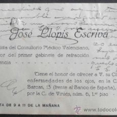 Documentos antiguos: (6680)TARJETA DE VISITA,OCULISTA,JOSE LLOPIS ESCRIBA,VALENCIA,CONSERVACION: