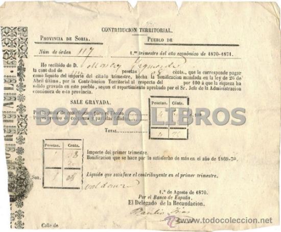 Documentos antiguos: Recibo de la Contribuci&oacute;n territorial. Provincia de Soria. Valdemoro. 1870