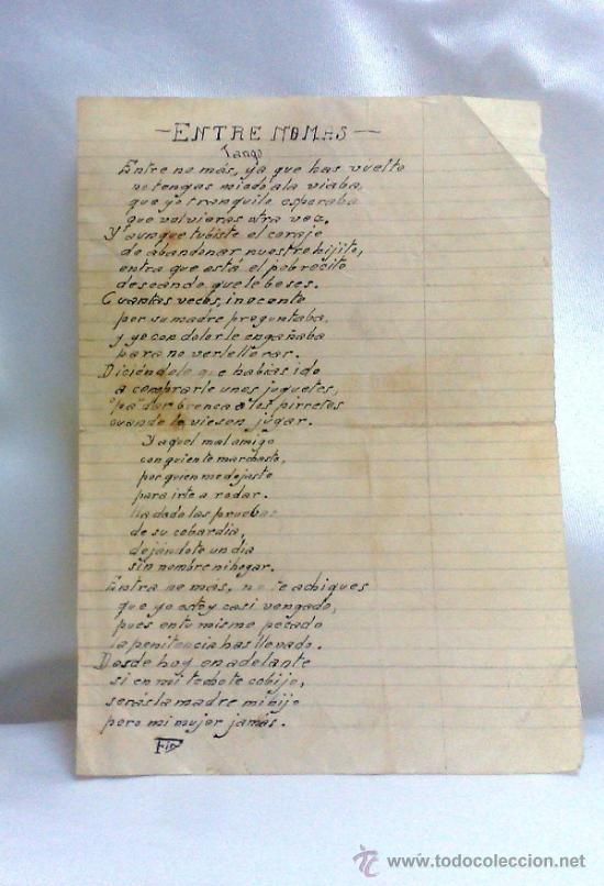 Documentos antiguos: ENTRE NOM&Aacute;S,- ANTIGUA LETRA DE TANGO, MANUSCRITA. - Foto 5