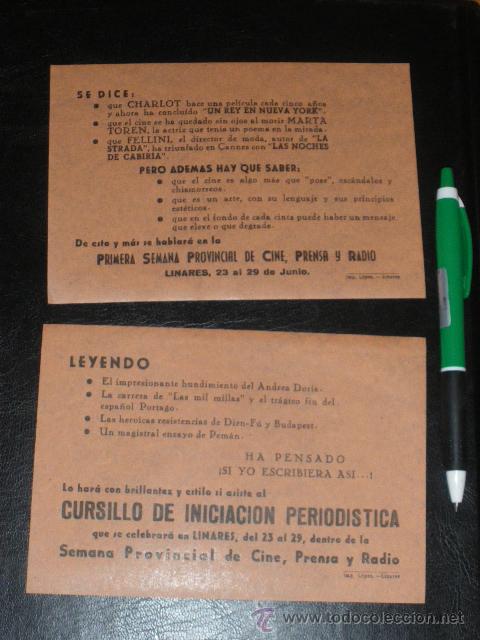 Documentos antiguos: CURSO DE INICIACION PERIODISTICA, LINARES. SEMANA PROVINCIAL DE CINE, PRENSA Y RADIO.