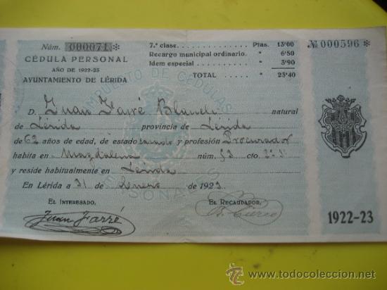 Documentos antigos: Lerida. Cedula Personal. 1922-23.