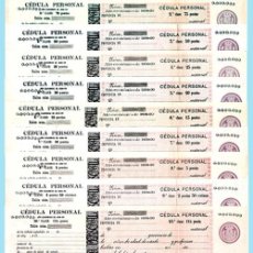 Documentos antiguos: 1898-99.ALFONSO XIII. PLANTILLA CTA. DE 10 DOC. MUESTRA DE -CÉDULA PERSONAL- DESDE 1 PTA. A 100 PTS.