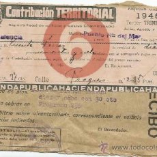 Documentos antiguos: :::: CR132 - RECIBO DE CONTRIBUCION TERRITORIAL - PUEBLO NUEVO DEL MAR - VALENCIA 1946