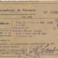 Documentos antiguos: :::: CR129 - RECIBO DEL AYUNTAMIENTO DE VALENCIA - PUEBLO NUEVO DEL MAR - 1945