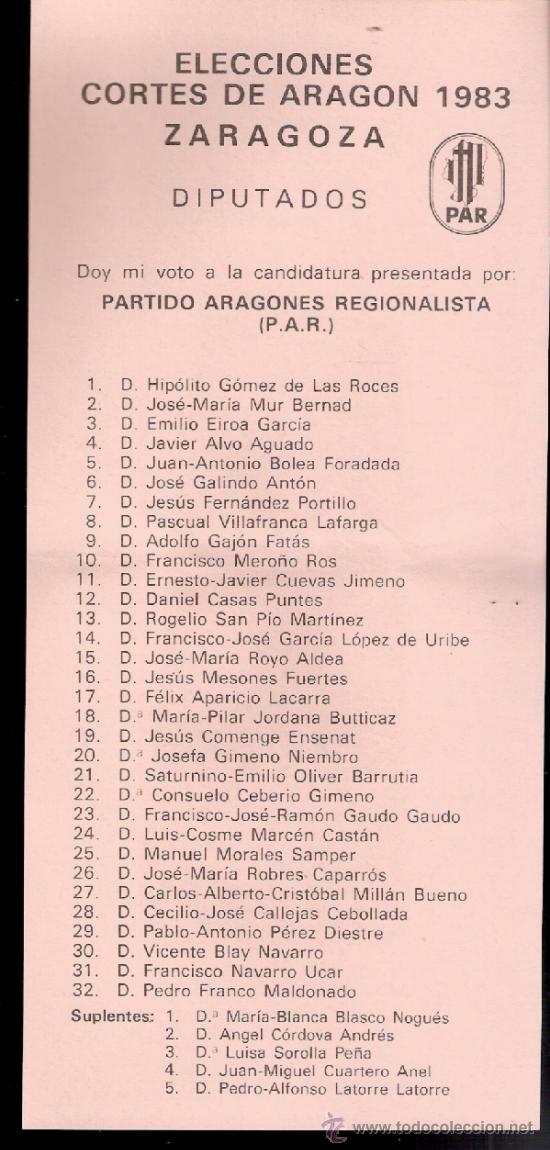 Documentos antiguos: Partido Aragon&eacute;s Regionalista. Elecciones Cortes de Arag&oacute;n 1983.Zaragoza. Papeleta Electoral.