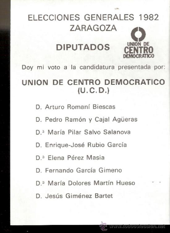Documenti antichi: Uni&oacute;n de Centro Democr&aacute;tico. ( UCD ). Elecciones 1982. Diputados Zaragoza. Papeleta electoral.