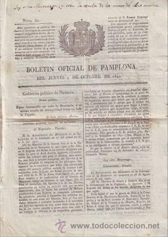 Documentos antiguos: BOLETIN OFICIAL DE PAMPLONA del Jueves 7 de Octubre de 1842. N&ordm;80.