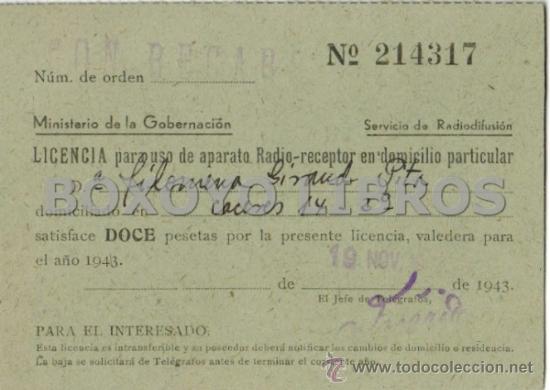 Documentos antiguos: Licencia para uso de aparato Radio-receptor. C&aacute;ceres. 1943