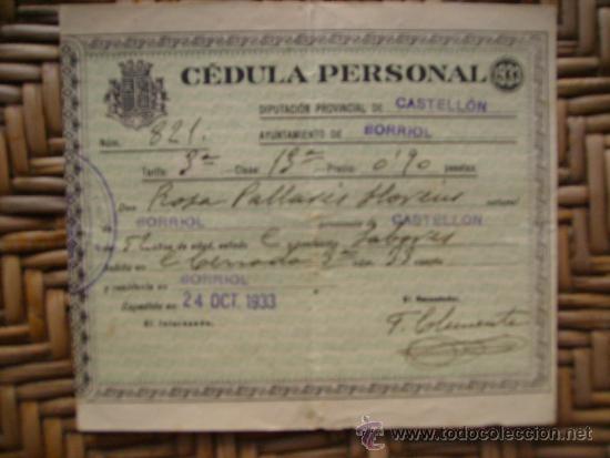 Documentos antiguos: CEDULA PERSONAL-BORRIOL,CASTELLON-A&Ntilde;O 1933. - Foto 1
