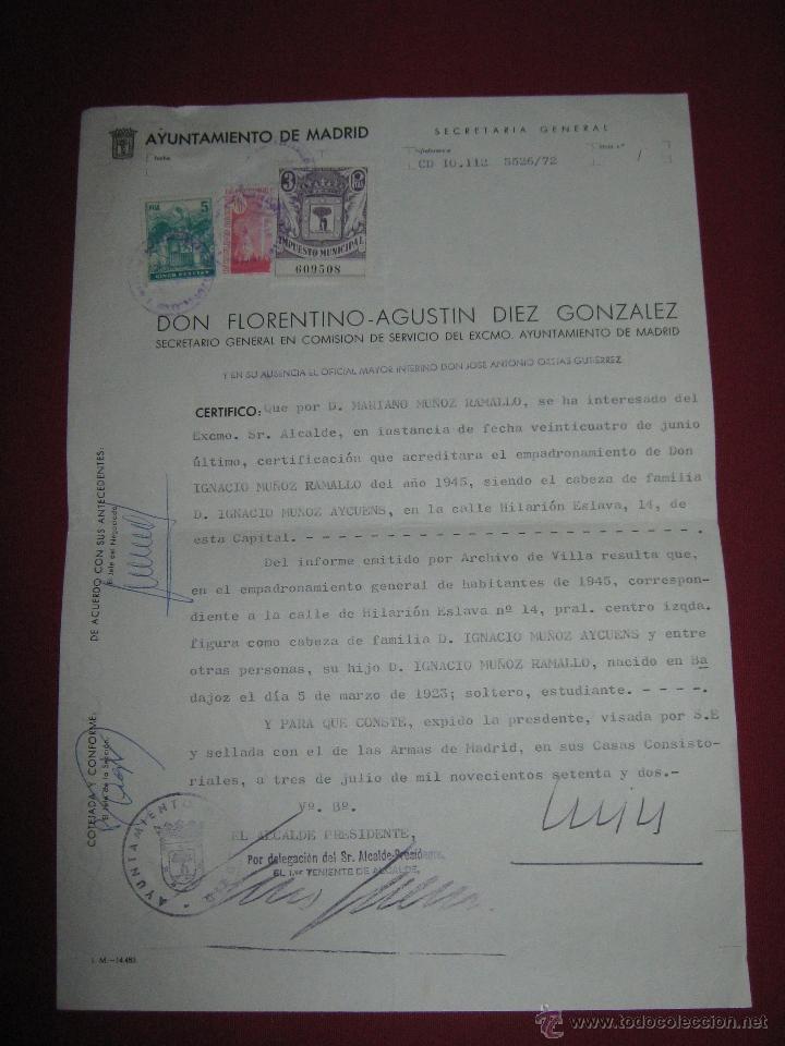 Documentos antiguos: CERTOFOCADP DE EMPADRONAMIENTO DE MADRID DEL A&Ntilde;O 1972