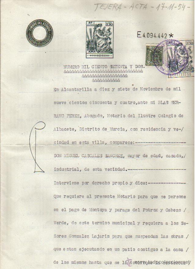 Old Documents: 1954 ALCANTARILLA (MURCIA). DOCUMENTO TIMBRADO FISCAL 8&ordm; DE 1,5 PTS. ACTA NOTARIAL DE INDUSTRIAL