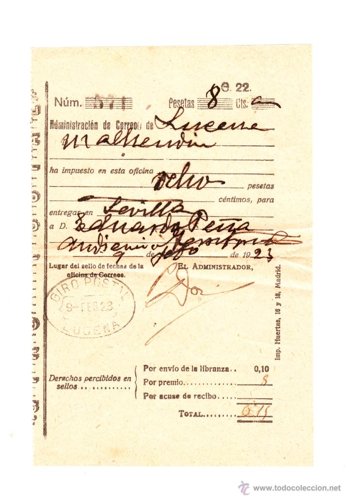 Documentos antigos: GIRO POSTAL DEL MARQU&Eacute;S DE ALHENDIN A EDUARDO PE&Ntilde;A... 9 FEBRERO LUCENA 1923