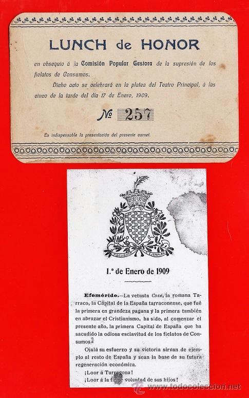 Documentos antiguos: carnet - lunch de honor - comision popular gestora - teatro principal - tarragona/ tgn -a&ntilde;o 1909