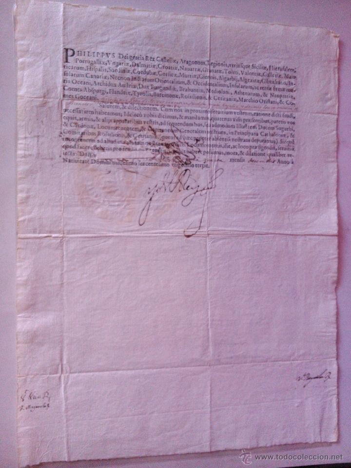 Documents Anciens: DOCUMENTO ORIGINAL FIRMADO POR FELIPE IV REY EN 1633 CON LA FIRMA DEL REGISTRO OFICIAL (43,5X31)