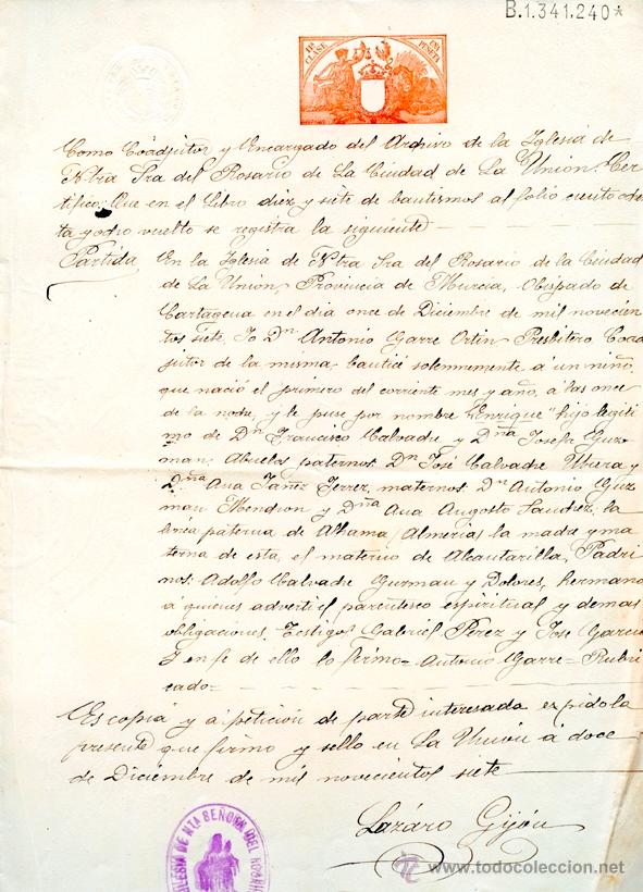 Documentos antiguos: CERTIFICADO DE BAUTISMO, LA UNI&Oacute;N, MURCIA, 1907 - Foto 1