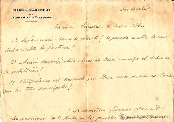 Documentos antiguos: SECRETARIA DE C&Aacute;MARA Y GOBIERNO DEL ARZOBISPADO DE TARRAGONA - EXAMEN SINODAL - 4 ENERO 1840