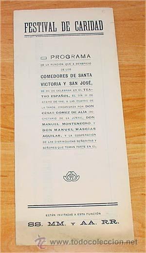 Documentos antigos: PROGRAMA DEL TEATRO ESPA&Ntilde;OL. FESTIVAL DE CARIDAD, MADRID, R. VELASCO, 1916 - DESPLEGADO MIDE 22 X 28