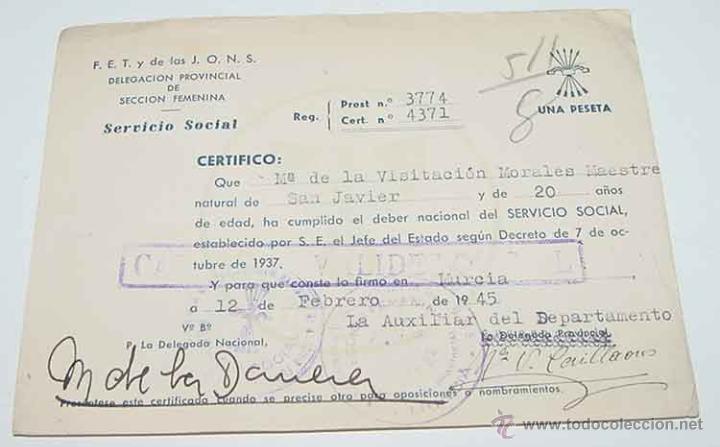 Alte Dokumente: SECCION FEMENINA, CERTIFICACION DE HABER CUMPLIDO EL DEBER NACIONAL DE SERVICIO SOCIAL, FALANGE ESPA