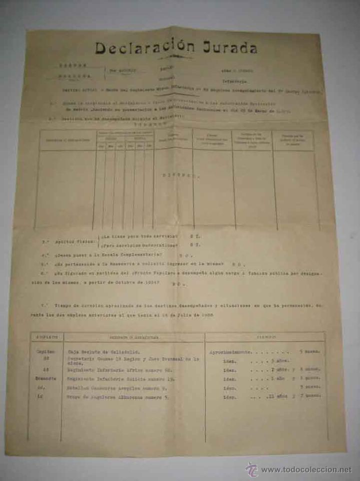 Alte Dokumente: DECLARACION JURADA, HOJA DE SERVICIOS GUERRA CIVIL - DE CORONEL DE INFANTERIA EN 29 DE MARZO DE 1939
