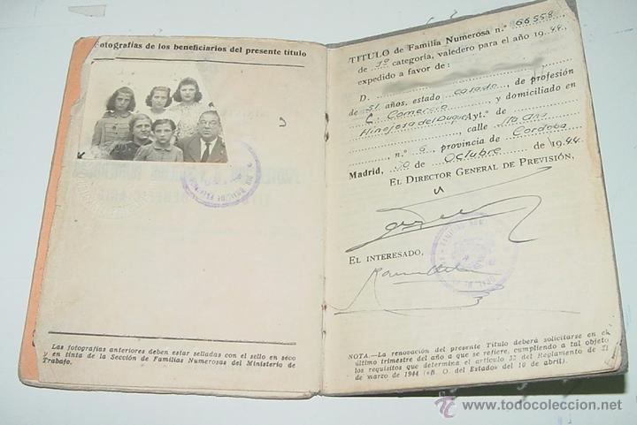 Documentos antigos: Antigua Cartilla o carnet de familia numerosa expedida por el Ministerio de Trabajo del a&ntilde;o 1945 aun