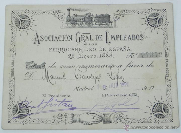 Old Documents: ANTIGUO TITULO DE LA ASOCIACION GRAL DE EMPLEADOS DE LOS FERROCARRILES DE ESPA&Ntilde;A 22 ENERO 1888, TITU
