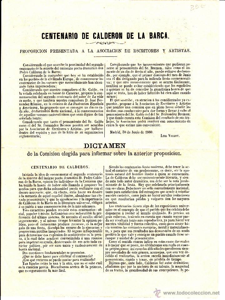 Documentos antiguos: Proposicion sobre el 2&ordm; Centenario de la muerte de Calderon de la Barca. - Foto 1