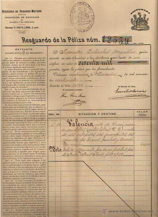 Documentos antigos: 1924 VALENCIA POLIZA SEGUROS MUTUOS CONTRA INCENDIOS EDIFICIOS. INSURANCE POLICY